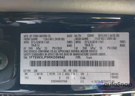 2024 Ford F-150 Xlt from USA, damaged, VIN 1FTEW3LP5RKD58842